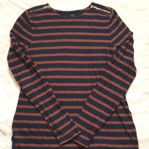J.CREW Zip Shoulder, Long Sleeve Tee - Navy Blue & Rust Stripes - S